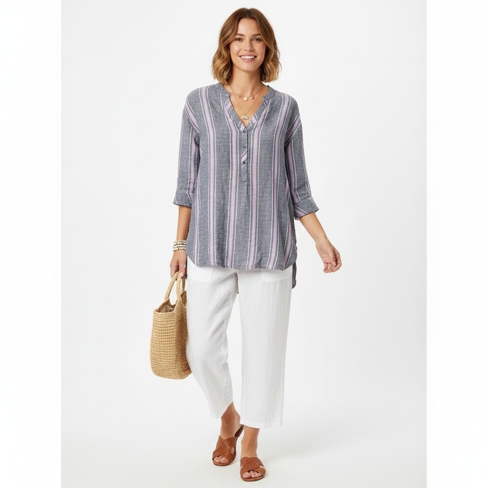 Laundry by Shelli Segal Womens Linen Blend Striped Top Small Coastal Beach Tunic
